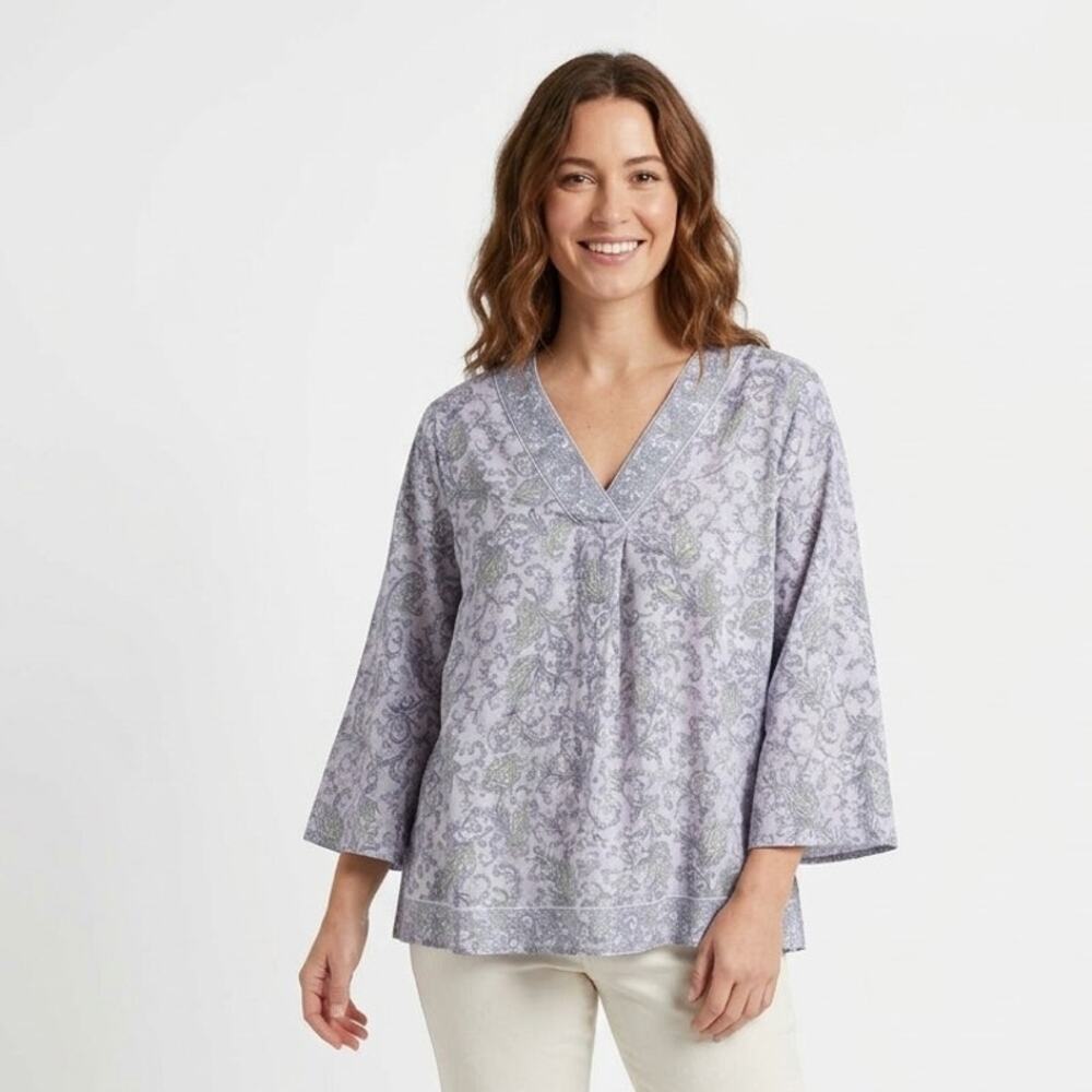 J. Jill Love Linen Popover Top Womens XL Purple Paisley Design V-Neck Slit Hem
